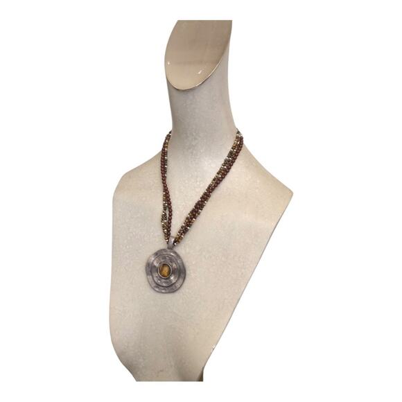 Vintage Premier Designs Eye Tiger Silver Tone Brown Beaded Medallion Necklace - Picture 3 of 10